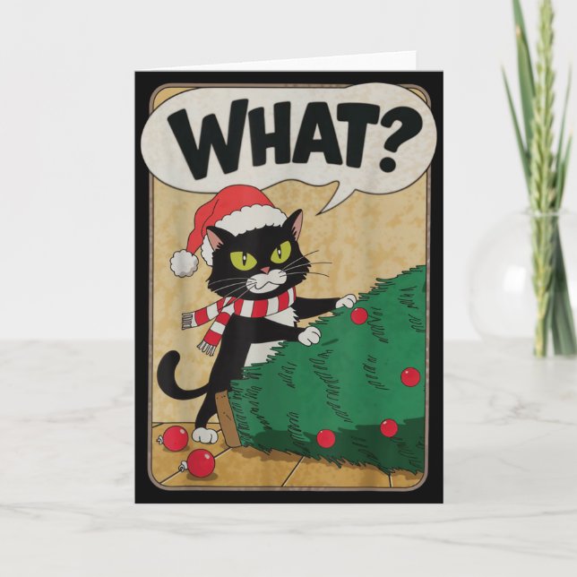 Funny Christmas Cat Christmas Tree Meowy Christmas Card (Front)