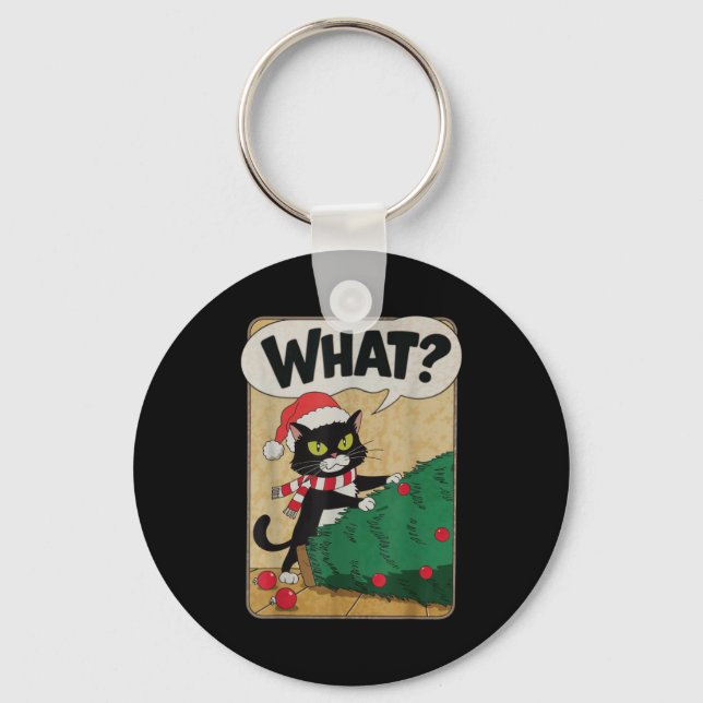 Funny Christmas Cat Christmas Tree Meowy Christmas Keychain (Front)