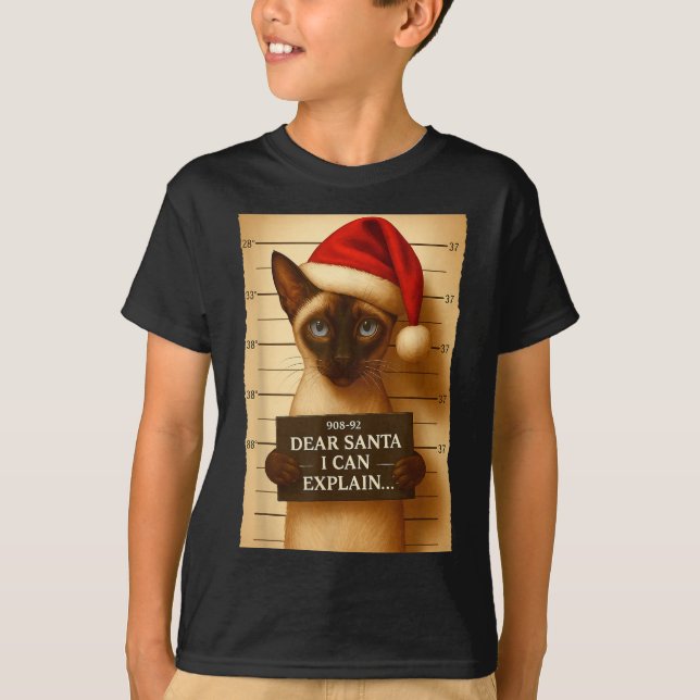 Funny Christmas Cat- Cute Siamese Santa Hat Tee  (Front)
