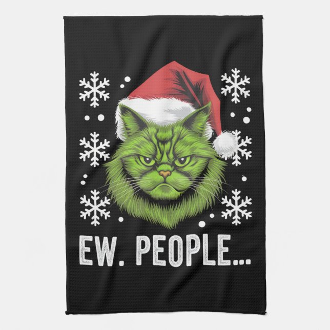 Funny Christmas Cat Ew People Meowy Cat Lovers  Kitchen Towel (Vertical)