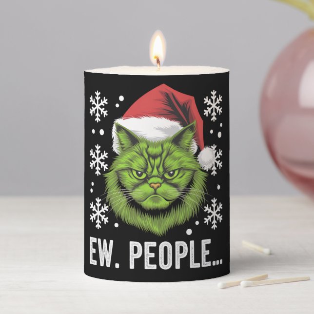 Funny Christmas Cat Ew People Meowy Cat Lovers  Pillar Candle (In Situ)