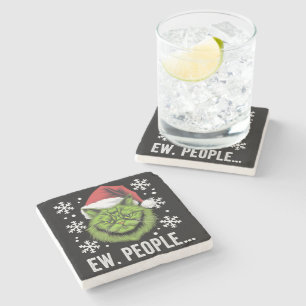 Funny Christmas Cat Ew People Meowy Cat Lovers  Stone Coaster