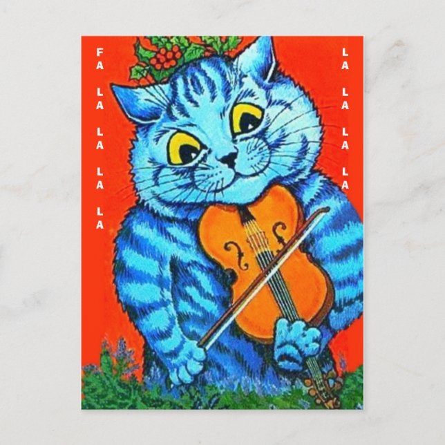 Funny Christmas Cat Holly & Violin Fal-La-La-La-La Postcard (Front)