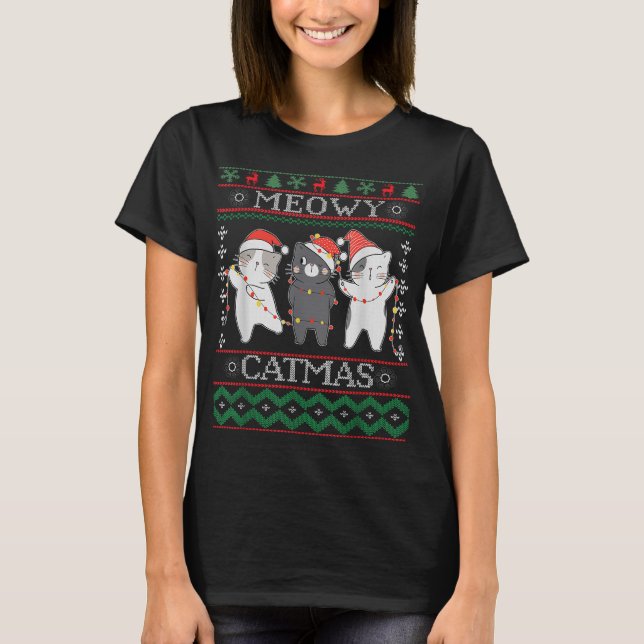 Funny Christmas Cat Matching Family Pajamas Meowy  T-Shirt (Front)