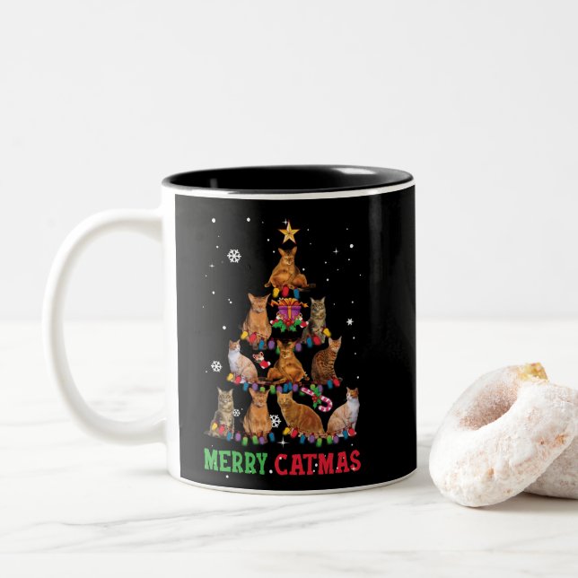 Funny Christmas Cat Meowy Catmas Xmas Tree Two-Tone Coffee Mug (With Donut)