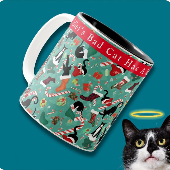 Funny Christmas Cat Mischief Personalized Two-Tone Coffee Mug (Cute Personalized holiday mug with a cat raiding the Christmas stockings funny pattern. )