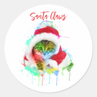 Funny Christmas Cat Santa Claws Classic Round Sticker
