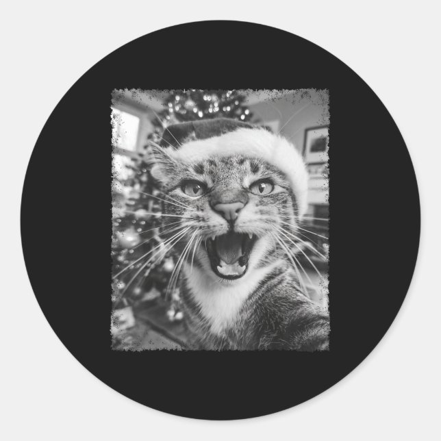 Funny Christmas Cat Selfie  Classic Round Sticker (Front)