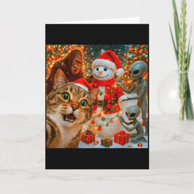 Funny Christmas Cat Selfie With Bigfoot Alien &amp Card (Front)