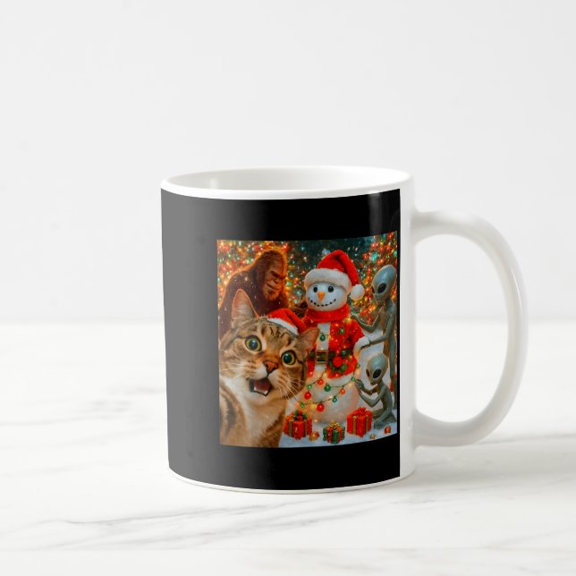 Funny Christmas Cat Selfie With Bigfoot Alien &amp Coffee Mug (Right)