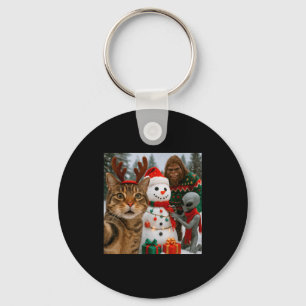 Funny Christmas Cat Selfie With Bigfoot Alien & Keychain