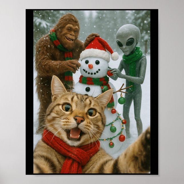 Funny Christmas Cat Selfie With Bigfoot Alien &amp Poster (Front)