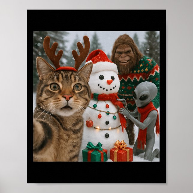 Funny Christmas Cat Selfie With Bigfoot Alien &amp Poster (Front)