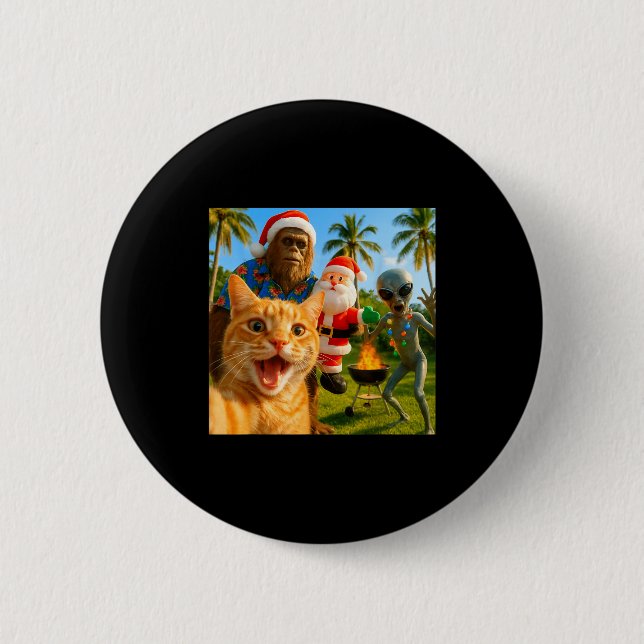 Funny Christmas Cat Selfie With Bigfoot &amp; Alie Button (Front)