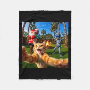 Funny Christmas Cat Selfie With Bigfoot &amp; Alie Fleece Blanket