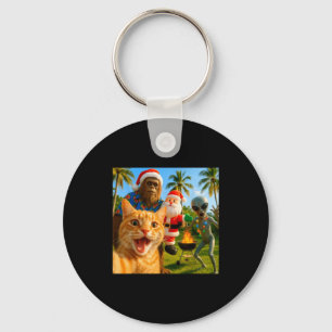 Funny Christmas Cat Selfie With Bigfoot & Alie Keychain
