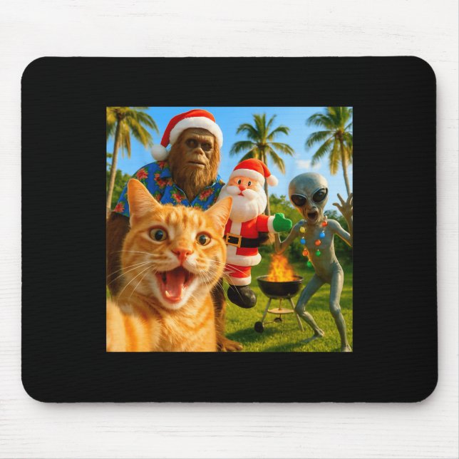 Funny Christmas Cat Selfie With Bigfoot &amp; Alie Mouse Pad (Front)