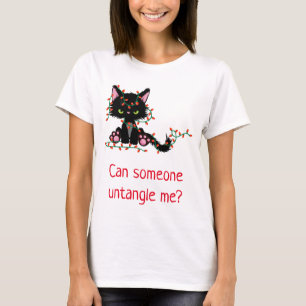 Funny Christmas cat tangled lights T-Shirt