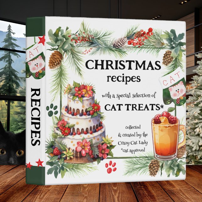 Funny Christmas Cat Treats Recipe Binder (Colorful watercolor art funny cat treats Christmas Holidays recipe binder - crazy cat lady gift)