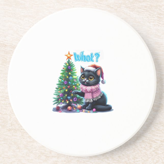 Funny Christmas Cat What with Tree Sticker Coaster (Front)
