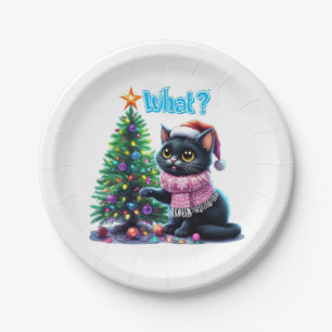 Funny Christmas Cat What with Tree Sticker Paper Plates
