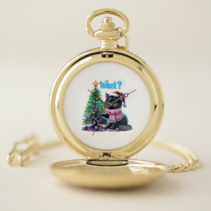 Funny Christmas Cat What with Tree Sticker Pocket Watch