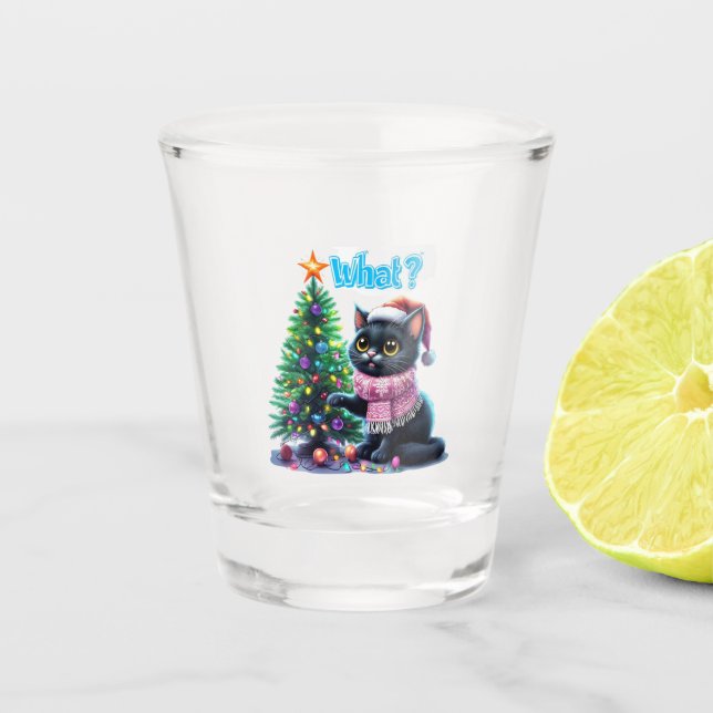 Funny Christmas Cat What with Tree Sticker Shot Glass (Front)