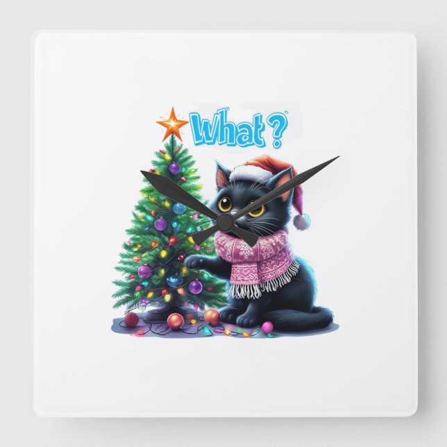 Funny Christmas Cat What with Tree Sticker Square Wall Clock (Front)