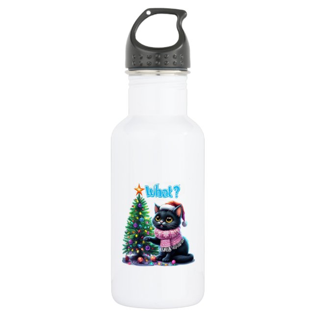 Funny Christmas Cat What with Tree Sticker Stainless Steel Water Bottle (Front)