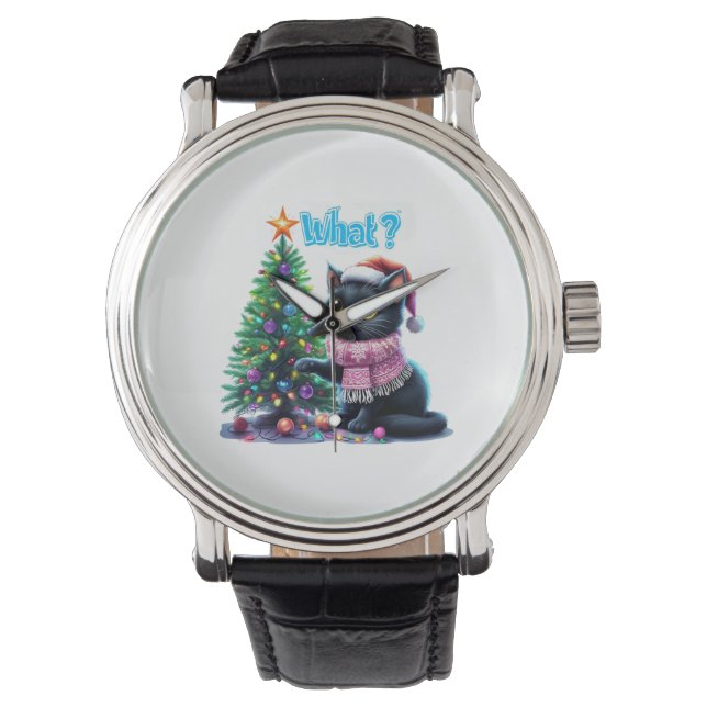 Funny Christmas Cat What with Tree Sticker Watch (Front)
