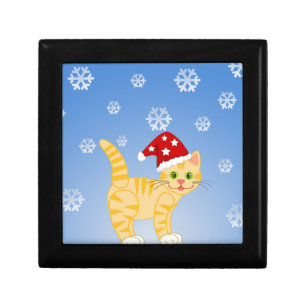 Funny Christmas Cat yellow Snowflakes Keepsake Box