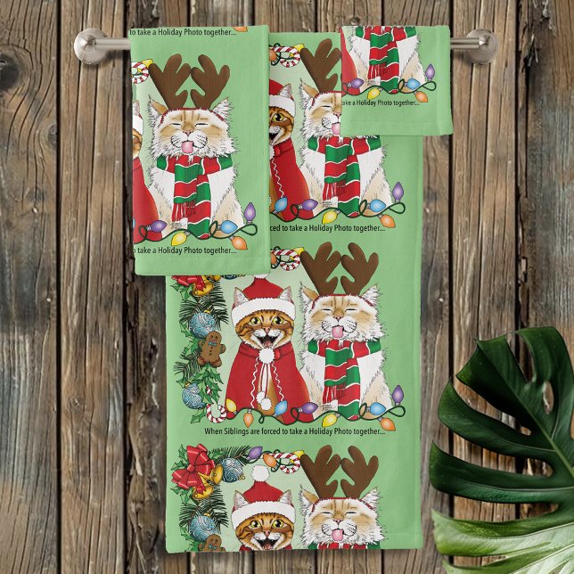 Funny Christmas Cats Holiday Photo Siblings Green Bath Towel Set (Creator Uploaded)