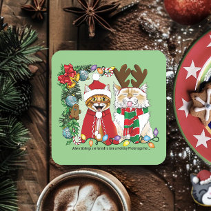 Funny Christmas Cats Holiday Photo Siblings Green Beverage Coaster