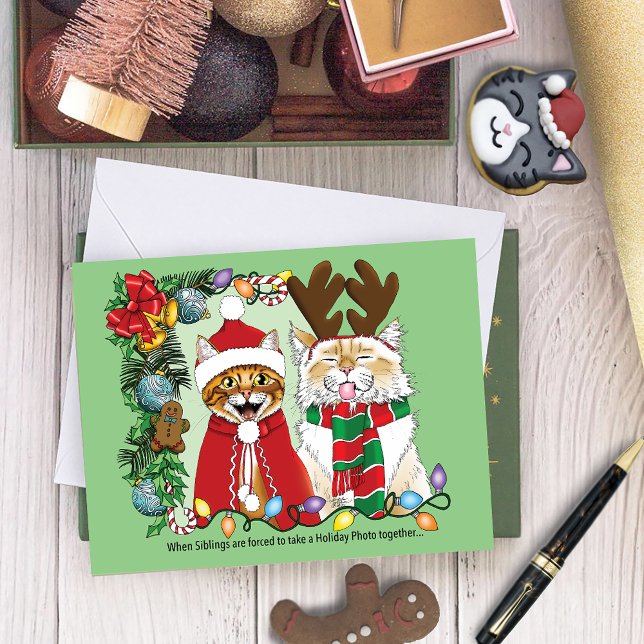 Funny Christmas Cats Holiday Photo Siblings Green Card (Creator Uploaded)