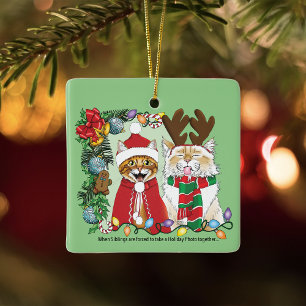 Funny Christmas Cats Holiday Photo Siblings Green Ceramic Ornament