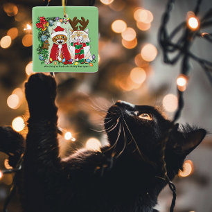 Funny Christmas Cats Holiday Photo Siblings Green Ceramic Ornament