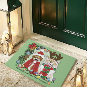 Funny Christmas Cats Holiday Photo Siblings Green Doormat