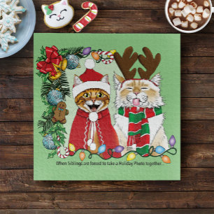 Funny Christmas Cats Holiday Photo Siblings Green Jigsaw Puzzle