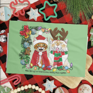 Funny Christmas Cats Holiday Photo Siblings Green Kitchen Towel