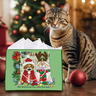 Funny Christmas Cats Holiday Photo Siblings Green Large Gift Bag