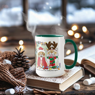 Funny Christmas Cats Holiday Photo Siblings Green Mug