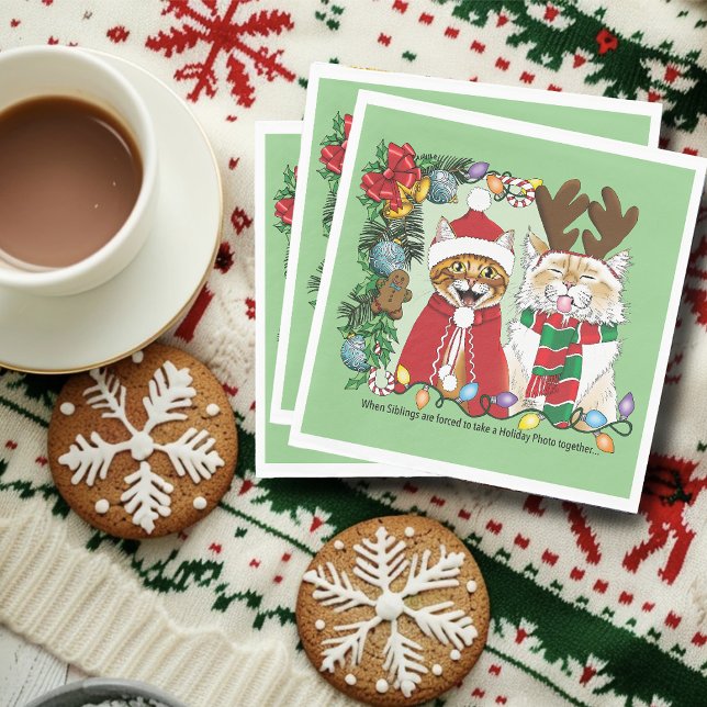 Funny Christmas Cats Holiday Photo Siblings Green Napkins (Creator Uploaded)