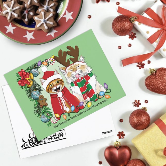 Funny Christmas Cats Holiday Photo Siblings Green Postcard (Creator Uploaded)