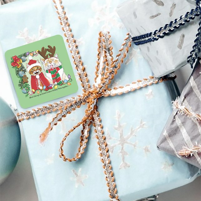 Funny Christmas Cats Holiday Photo Siblings Green Square Sticker (Creator Uploaded)