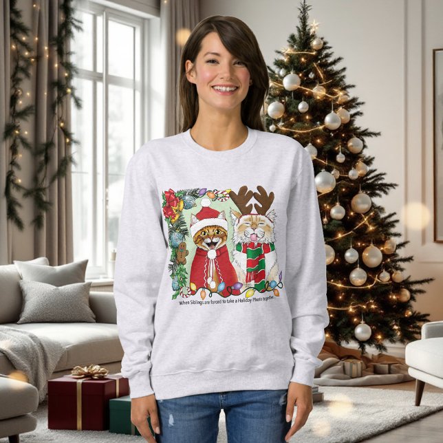 Funny Christmas Cats Holiday Photo Siblings Green Sweatshirt (Creator Uploaded)