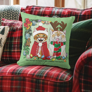 Funny Christmas Cats Holiday Photo Siblings Green Throw Pillow