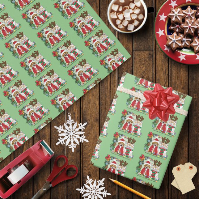 Funny Christmas Cats Holiday Photo Siblings Green Wrapping Paper (Creator Uploaded)