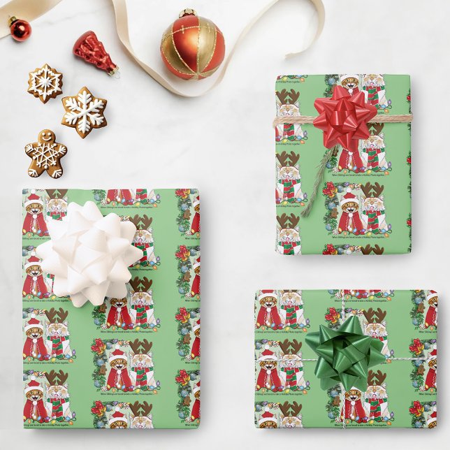 Funny Christmas Cats Holiday Photo Siblings Green Wrapping Paper Sheets (Creator Uploaded)