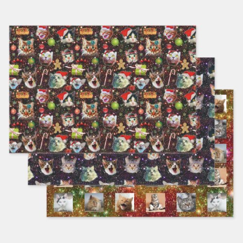 Funny Christmas Cats in Space  with Custom Photos Wrapping Paper Sheets