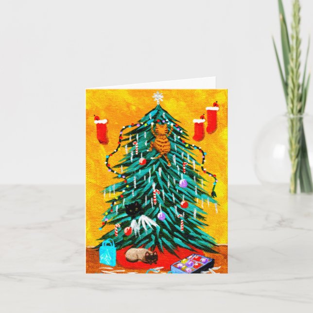 Funny Christmas Cats Tree  Creationarts Holiday Card (Front)